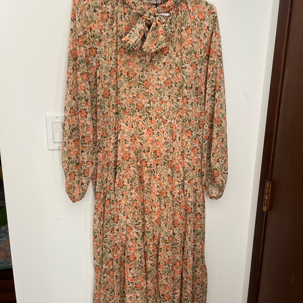 Long Sleeve Floral Dress - Orange and Cream